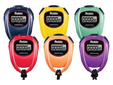 stopwatches in a variety of colors: blue, yellow, green, red, orange and purple
