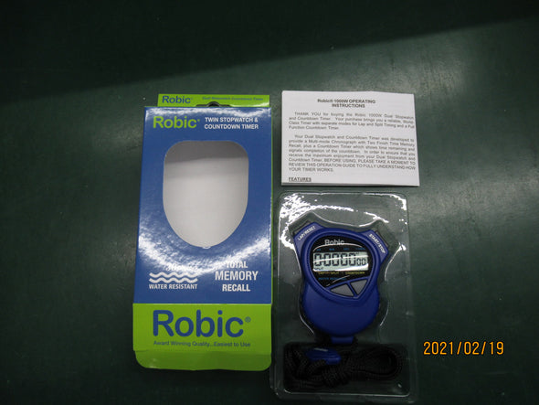What's in the Box? Your Robic 1000W comes with the Stopwatch,  Nylon Lanyard with Adjustable keeper, long life battery, clear, easy to follow Instruction Booklet and one year factory warranty
