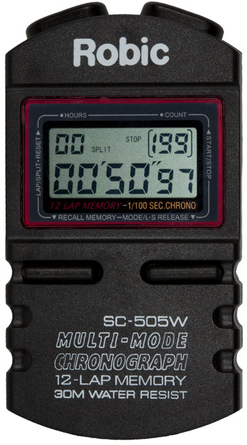 Robic SC-505W is the most popular stopwatch anywhere. Easy enough for Mom and Dad, powerful enough for a Coach.