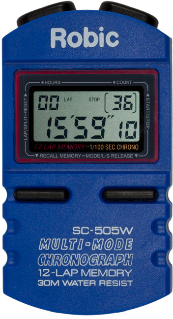 Robic SC-505W Blue is the most popular stopwatch anywhere. Easy enough for Mom and Dad, powerful enough for a Coach.
