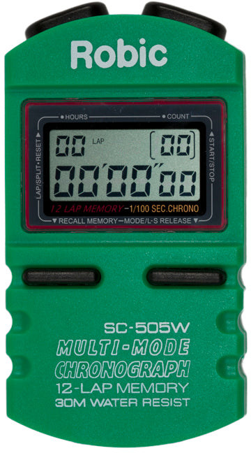 Robic SC-505W Green  is the most popular stopwatch anywhere. Easy enough for Mom and Dad, powerful enough for a Coach.