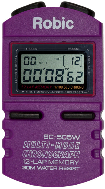 Robic SC-505W is the most popular stopwatch anywhere. Easy enough for Mom and Dad, powerful enough for a Coach. Purple