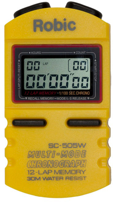 Robic SC-505W is the most popular stopwatch anywhere. Easy enough for Mom and Dad, powerful enough for a Coach. Yellow
